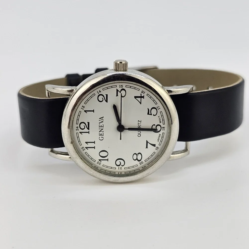 32MM Women's Watch White Dial Black Faux Leather‎ Band Up to 6.5
